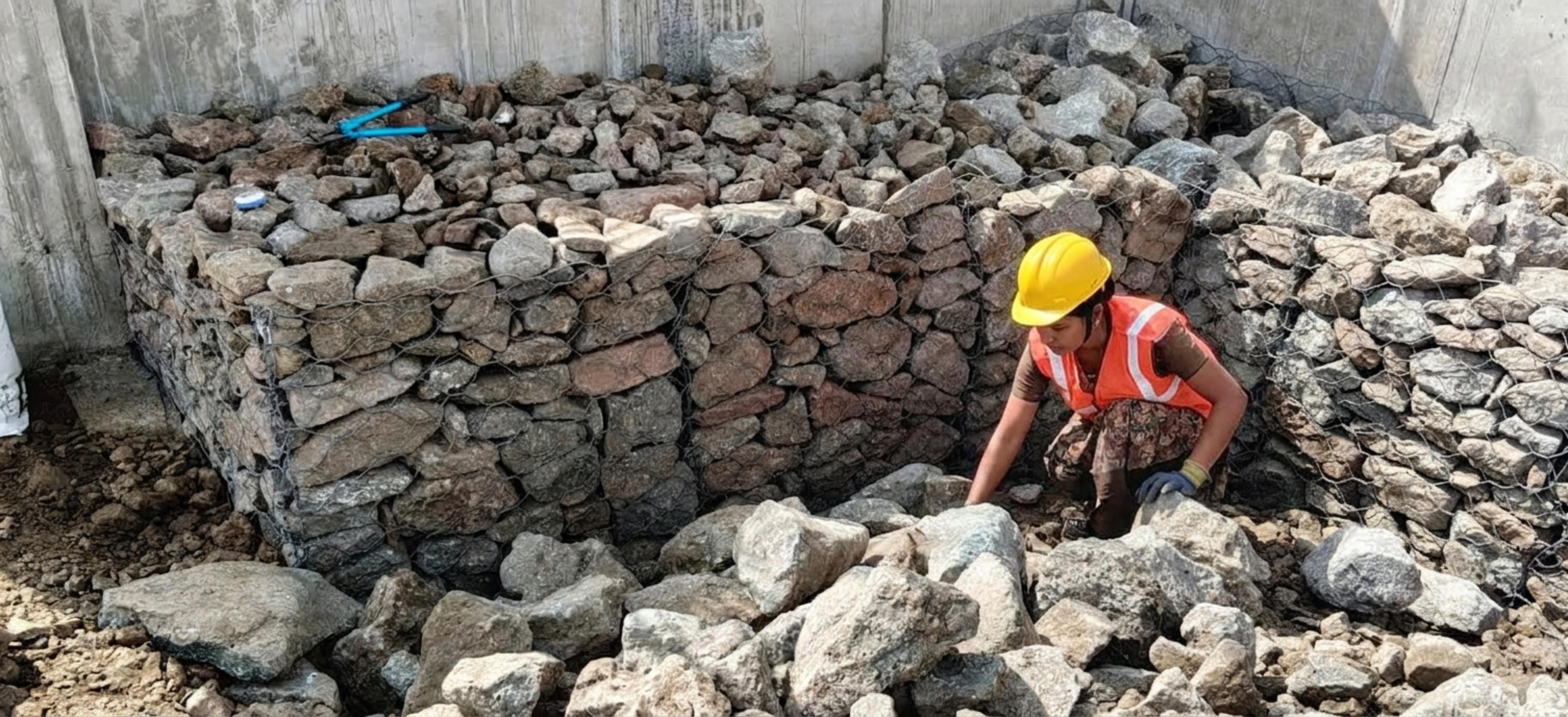 Gabion wall construction for slope stabilization and erosion control at an infrastructure project in India